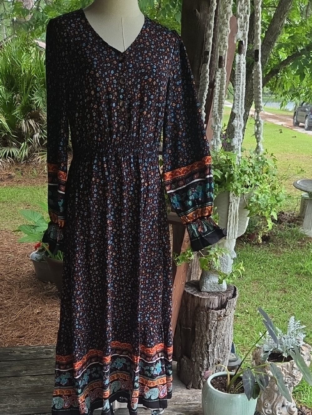 Fashion Black Floral Prairie Print Peasant Maxi Dress Size Small